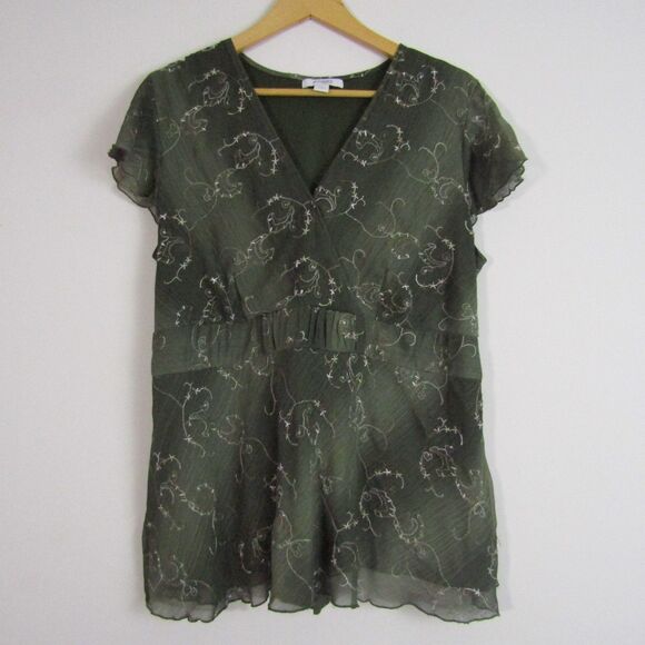 Dressbarn Woman Babydoll Top 2X Green Sheer Floral Embroidered Fairy Y2K Boho - Picture 1 of 13